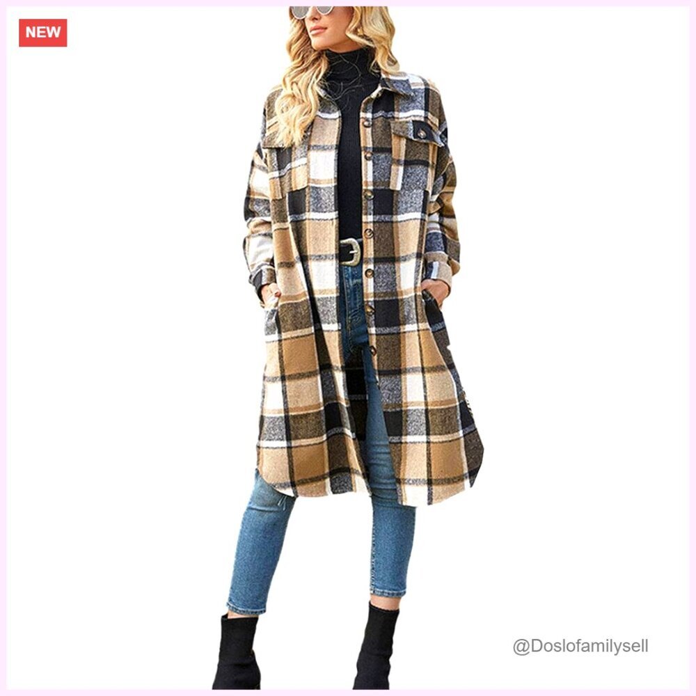 Oversized Plaid Wool Blend Shacket Coat Casual Button Up Long Fit Chic